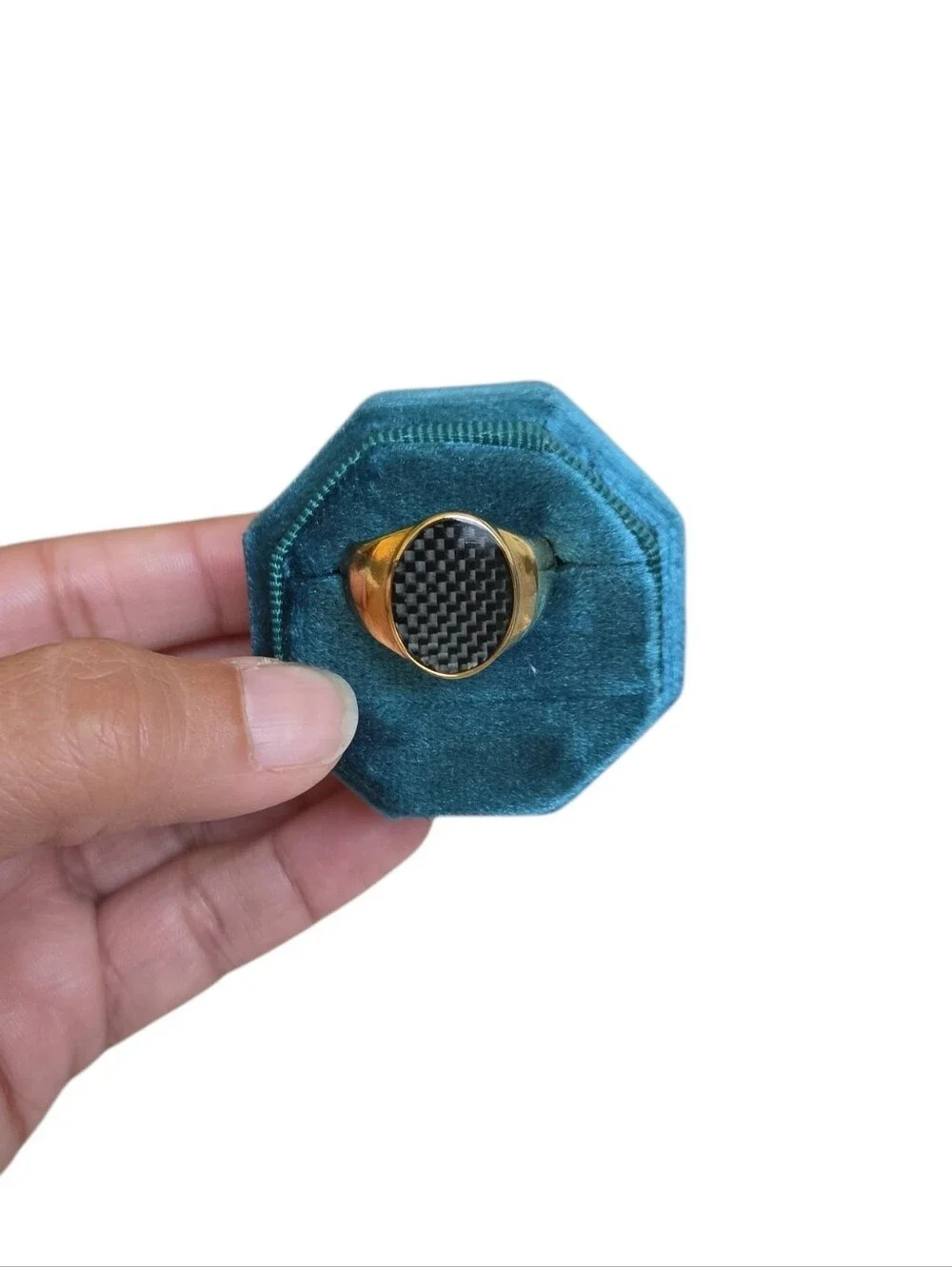 Size 10 Gold-Tone Black Carbon Fiber Accent Signet Ring
